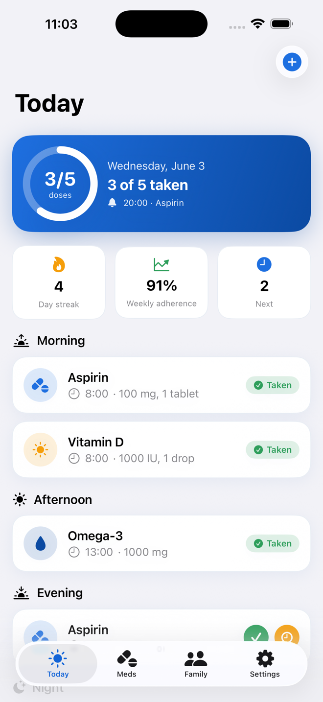 DoseAlly Today screen on iPhone