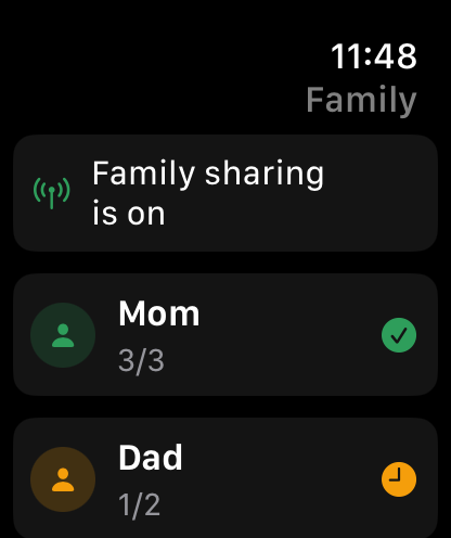 DoseAlly family status on Apple Watch